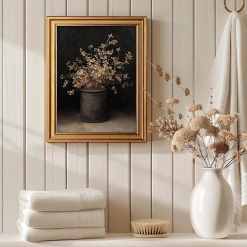 Gold Framed Moody Floral Wall Art, Vintage Fall Dried Flowers Vase Pictures - Image 6