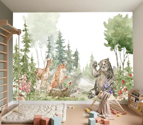 Adorable Watercolor Woodland Animal Friends Nursery Wallpaper - Image 4