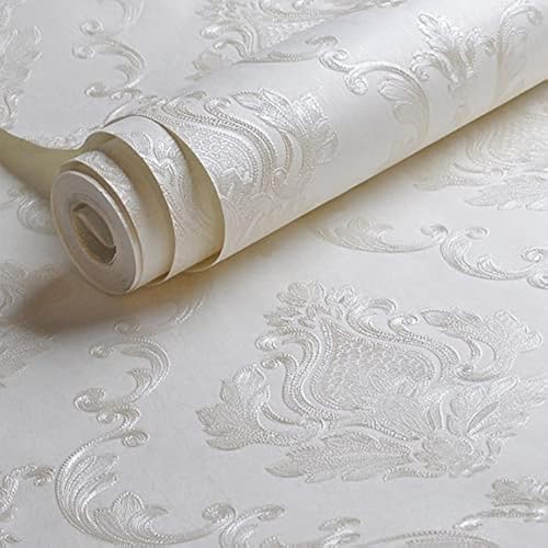 AMINAH DECO Cream White Damask Decorative Floral Wallpaper by AMINAH+DECO
