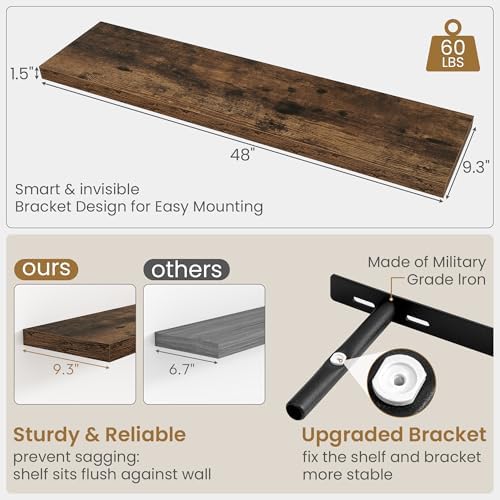 Fun Memories 48 Inch Floating Shelves, 9.3 Inch Deep Wall Shelves - Image 3