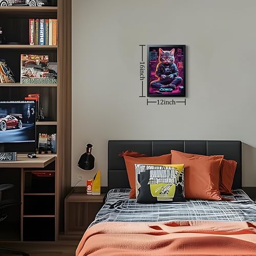 Framed Gamer Cat Canvas Wall Art, Kitten Playing Video Game Wall Decor - Image 3