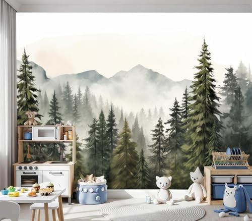 Serene Watercolor Misty Pine Forest Mountain Wallpaper - Image 3