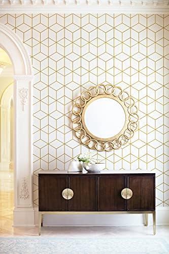 Safiyya 590"x17.3" Wallpaper Gold and White Peel and Stick Wallpaper Geometric - Image 4