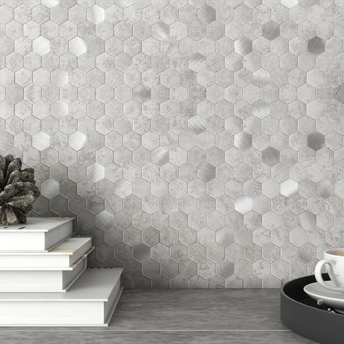 Peel and Stick Backsplash Hexagon Marble Tiles Cement Grey 5pcs by MOFIT