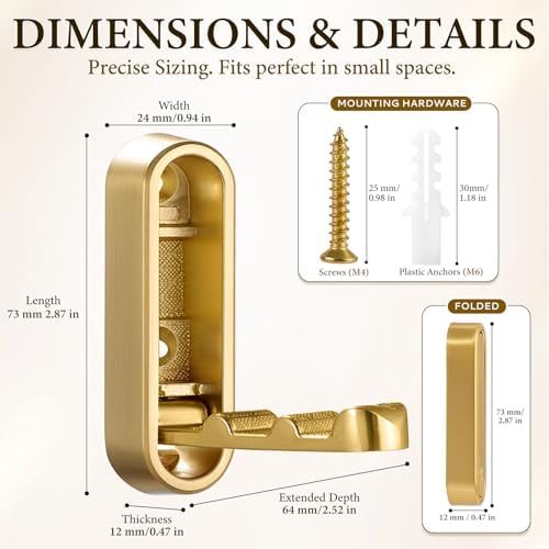 Folding Wall Hooks, 2 Pack Gold Heavy Duty Coat Hooks, Screw Mounted - Image 2