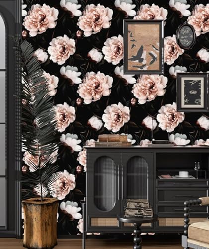 Black Pink Floral Peel and Stick Vintage Peony Wallpaper 17.5X 393 - Image 6