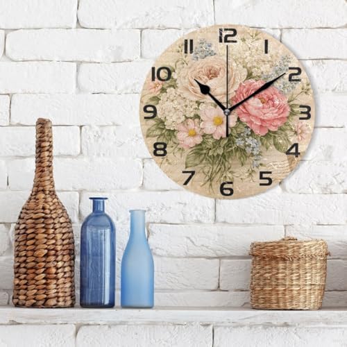ABLINK Vintage Shabby Chic Rose Floral Round Wall Clock, Silent Non Ticking Oil - Image 3
