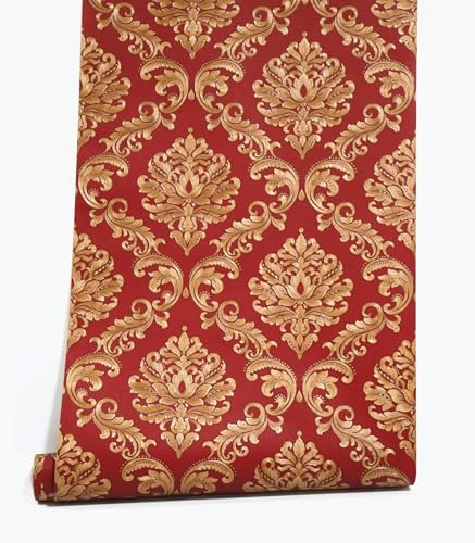 Blooming Wall Red Damasks Flocking Embossed Textured Wallpaper Roll - Image 5