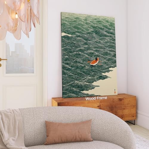 Vintage Japanese Canvas Wall Art Emerald Green Boat At Sea Posters Minimalist - Image 3