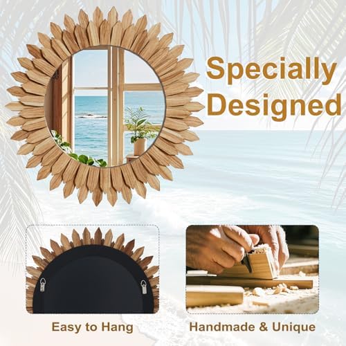 28" Round Sunburst Wooden Mirror Boho Rustic Wall Decor - Image 5