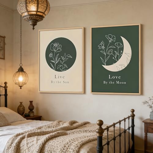 KBCXOY Sage Green Boho Sun and Moon Wall Art Bedroom Moon Phase Prints - Image 3