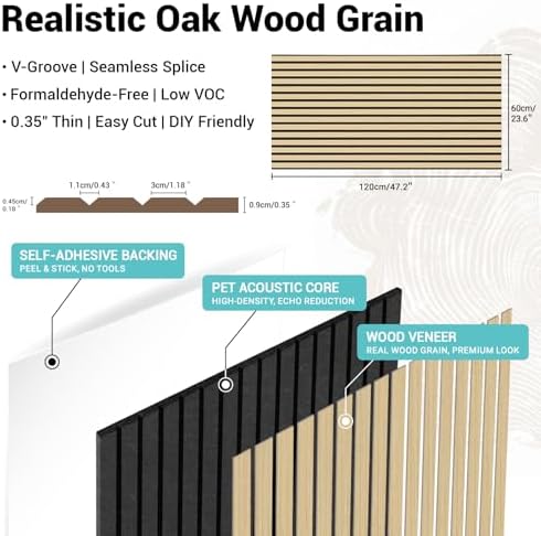 V-Groove Wood Slat Acoustic Panels, 62.4 Sq Ft Self-Adhesive Soundproof Wall - Image 2