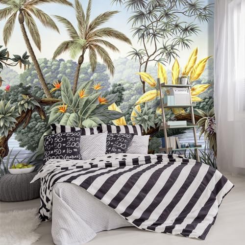 -Tropical Botanical Palm Leaf Fabric Wallpaper Living Room Bedroom Bathroom by YIHWM-PurchaseNow