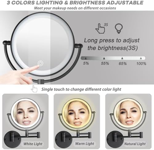 8" Wall Mounted Lighted Makeup Vanity Mirror, 10X Magnifying, Matte Black - Image 4