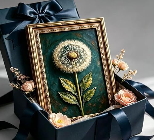 Vintage Gold Framed Dandelion Wall Art, Teal Background Botanical Canvas Oil - Image 2