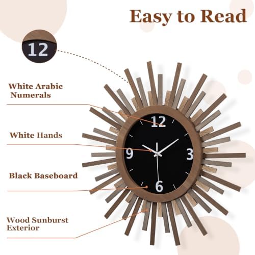 Honiway 24 Inch Large Wall Clock, Battery Operated, Rustic Wood Boho Sunburst - Image 4