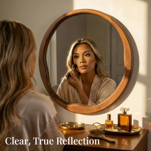 Warm Walnut 30 Inch Round Wood Wall Mirror, Asymmetrical Inner Edge - Image 5