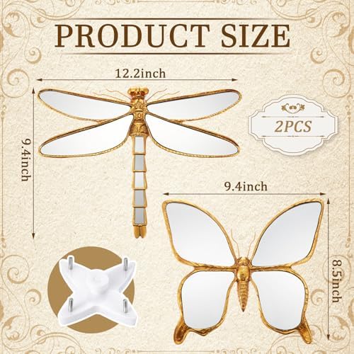 Sliner 2 Pcs Gold Dragonfly & Butterfly Mirror Wall Decor, Insect Wall Art - Image 2