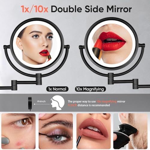GURUN Hardwired LED Makeup Mirror Wall Mount Extendable Touch Black 10x - Image 3