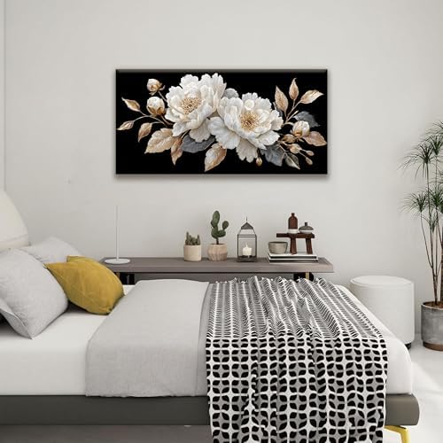 Black And White Wall Art Decor 24"x48" Elegant Flower Wall Art - Image 2