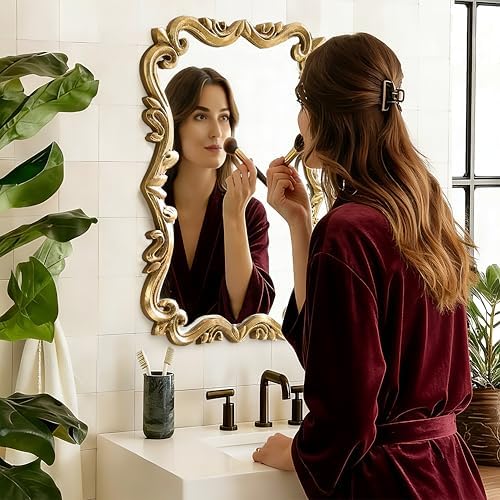 Brushed Gold Bahtroom Mirror, Rectangle Luxury Vintage Wall Mirror, Scalloped - Image 5
