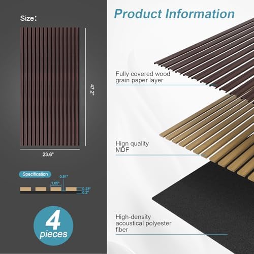 Wood Slat Acoustic Wall Panels, 4 Pack, 47.2 x 23.6 in - Image 4