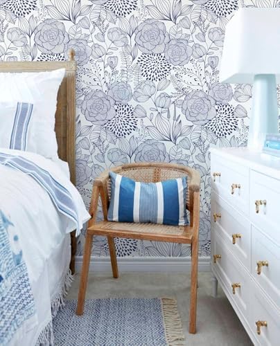 Wudnaye Navy Blue and White Floral Peel and Stick Wallpaper 16.9"×393" - Image 3