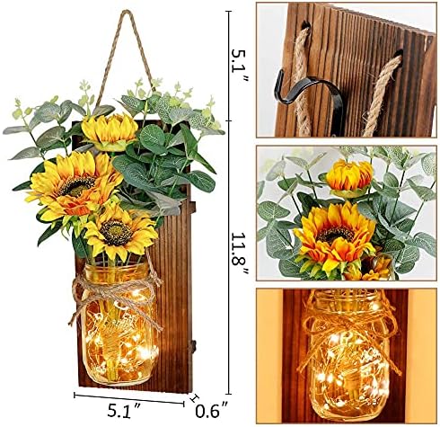 OurWarm Sunflowers Rustic Wall Sconces, Remote-Control Mason Jar Sconces - Image 4