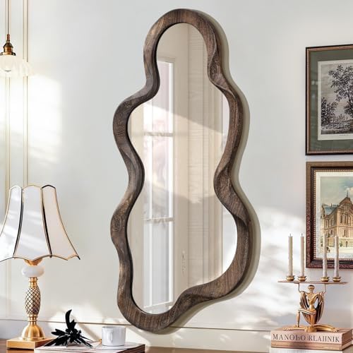 Asymmetrical Mirror, Wall Brown Irregular Wood Frame Wall Decorative Mirror by Lzuso