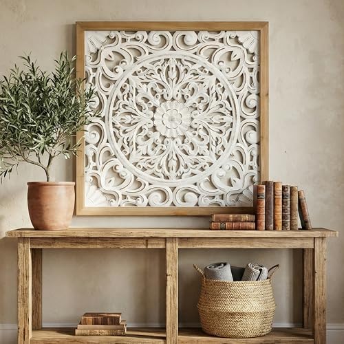 XIAOAIKA Boho Carved Wood Wall Art Panel, Floral Mandala, Distressed White - Image 6