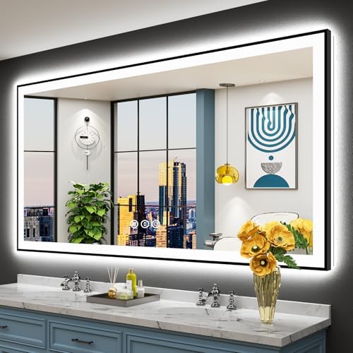 72x40 Black LED Bathroom Mirror, Backlit & Front Lit Lighted Mirror by Awandee