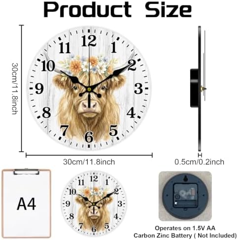 Highland Cattle Wall Clock Silent Non-Ticking 12" - Image 2