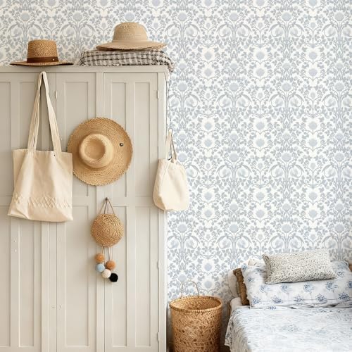 YXTII 590.5" × 17.3" Blue Floral Peel and Stick Wallpaper, Damask Vintage - Image 4