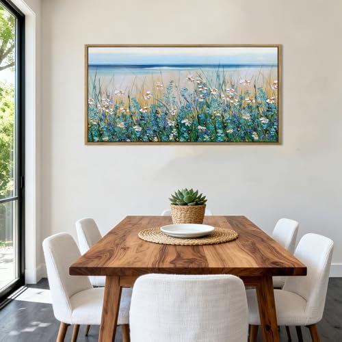 Large Blue Seaside Cyan Floral Wall Painting wildflower Blossom Art Framed - Image 5