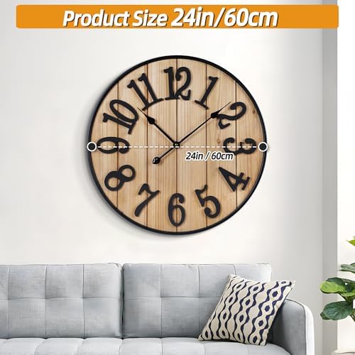 Large Wall Clock 24IN, Silent Metal Wood Style Wall Clocks Battery Operated - Image 3