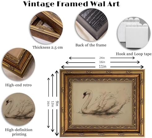 Vintage Gold Framed Swan Wall art, Antique Bird Sketch Canvas Print, - Image 3