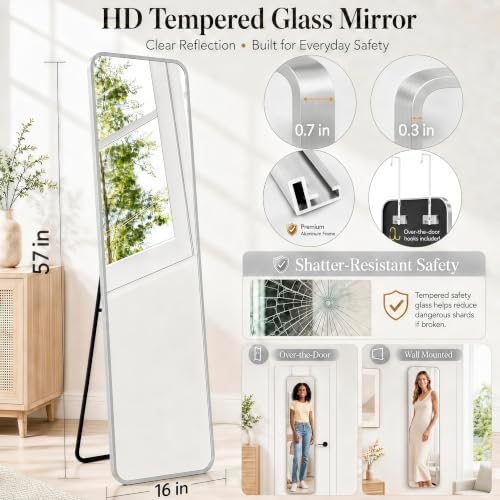 57x16" Full Length Mirror Floor Stand, Over the Door, Wall Mounted Silver - Image 2