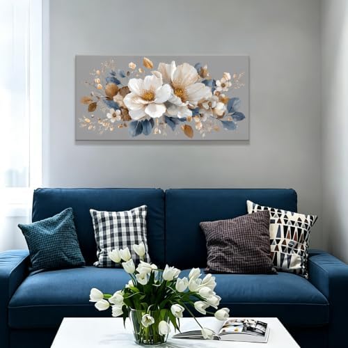 White Flower Gold Leaf Flower Canvas Wall Art Decor - Image 3