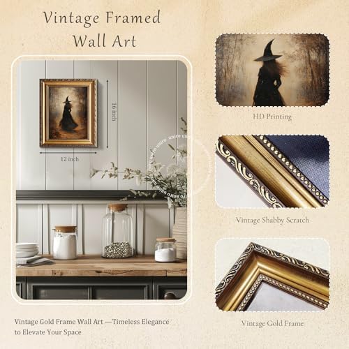 uniro Vintage Gold Framed Wall Art, Vintage Dark Forest Witch Halloween Painting - Image 4