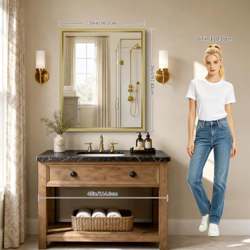Bathroom Mirror, 30 x 36 inch Natural Wood Grain Colored Aluminum Metal Frame - Image 2