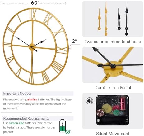 60 Inch Large Silent Wall Clock, Easy Assembly Roman Numeral Gold - Image 2
