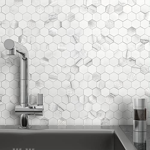 Peel and Stick Backsplash Hexagon Marble Tiles White Silver 10pcs by MOFIT