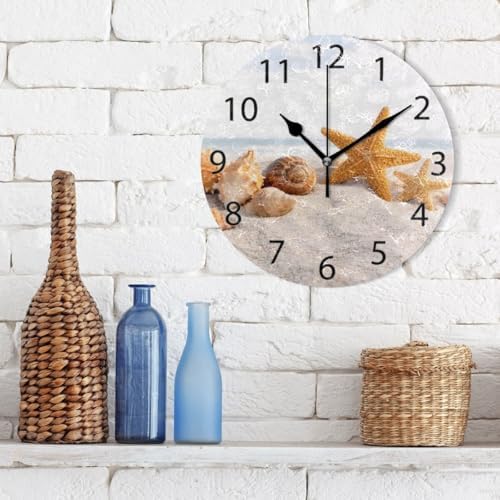 ABLINK Seashells on Ocean Beach Round Wall Clock, Silent Non Ticking Oil - Image 3