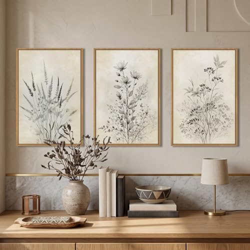 Large Neutral Flower Botanical Framed Canvas Wall Art, Boho Wildflowers Ink - Image 2