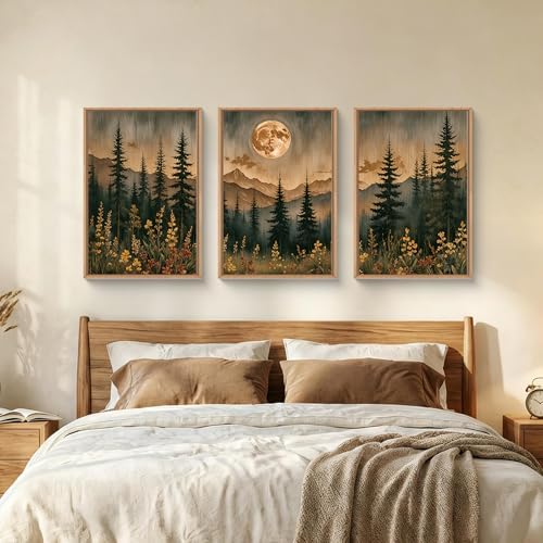 Vintage Moonlight Forest Mountain Framed Canvas Wall Art Set- 24"x36"x3 - Image 4