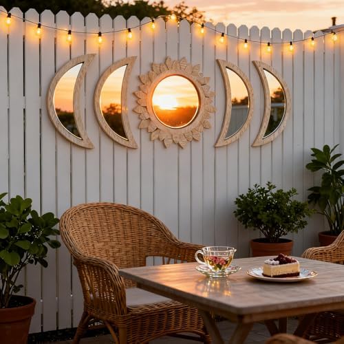 5 Pieces Moon Phase Mirror Wall-Mounted Wall Decor Mirrors Natural Wooden - Image 5