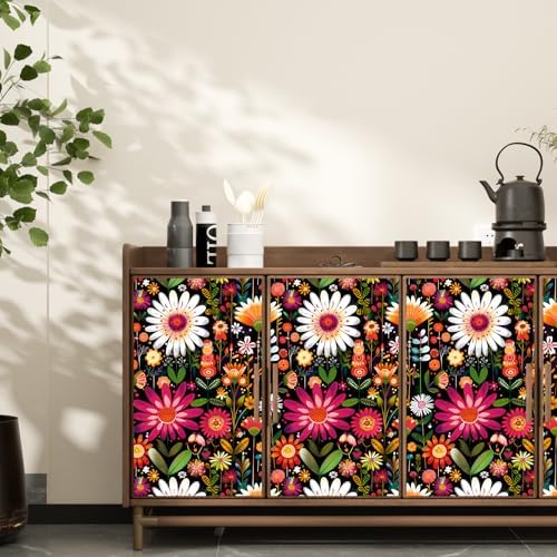 BOKEBEVE Floral Wallpaper Peel and Stick Boho Pink Colorful 17.5 x 393.5In - Image 5