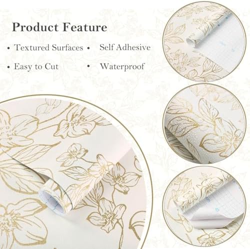 Ismoon Vintage Floral Peel Stick Wallpaper Beige and Gold 17.3x393in - Image 2