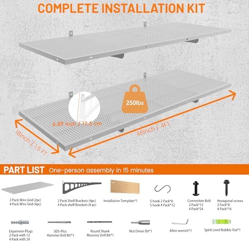 2-Pack 1.5x4ft Garage Shelving Heavy Duty, 500 Lbs Wall Mounted Storage Shelf - Image 2