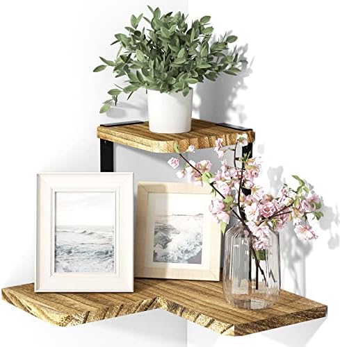 SRIWATANA 2-Tier Corner Wall Shelf, Rustic Wood Shelf, Carbonized Black by SRIWATANA